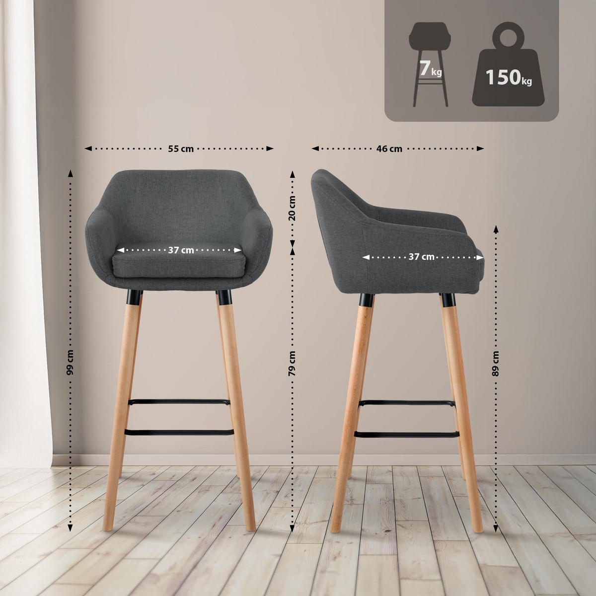 BARHOCKER 2er Set Stoff Dunkelgrau - Eukalyptusholzfarben/Dunkelgrau, Holz/Textil (55/99/46cm) - CLP