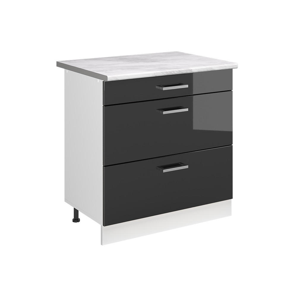 Vicco SPODNÍ SKŘÍŇKA KUCHYŇSKÉ LINKY R-Line, Antracitový vysoký lesk/Bílá, 80 cm se 3 zásuvkami pracovná doska Mramor