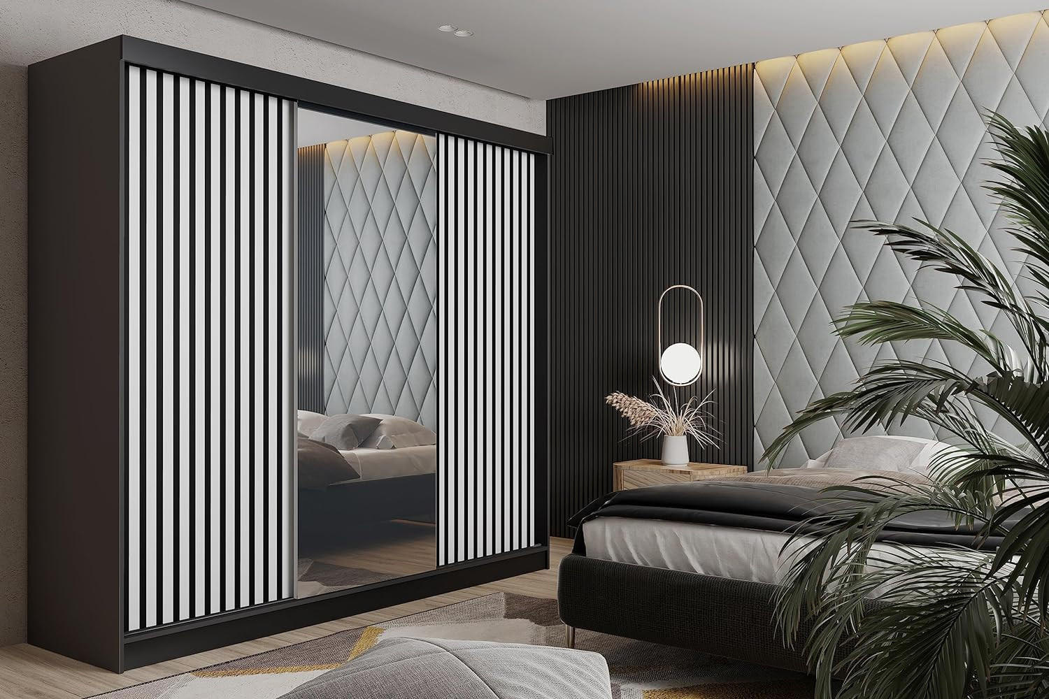 SCHIEBETÜRENSCHRANK MALANI - Schwarz und Weiß 200x205x59 cm - Schwarz/Weiß, Holzwerkstoff (200/205/59cm) - Kier Furniture