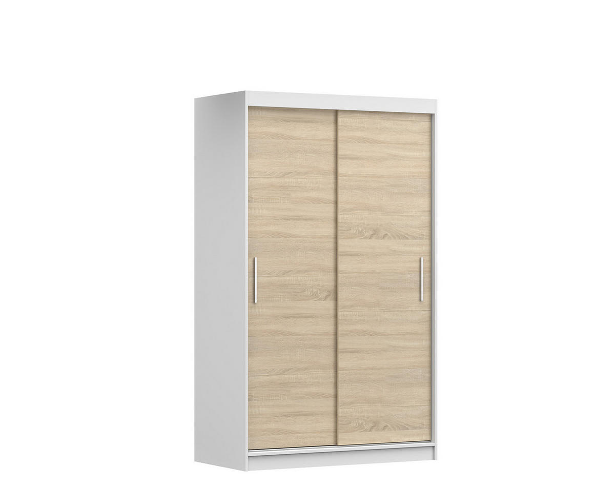 SCHIEBETÜRENSCHRANK - NOAH 04 Weiß + Sonoma - Weiß/Sonoma Eiche, Holzwerkstoff/Metall (120/200/61cm) - Möblo