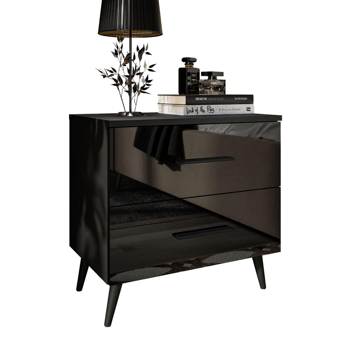 NACHTTISCH AURA mit Griffen, schwarzen Beinen - Schwarz, Holzwerkstoff (55/54/37cm) - Lookway