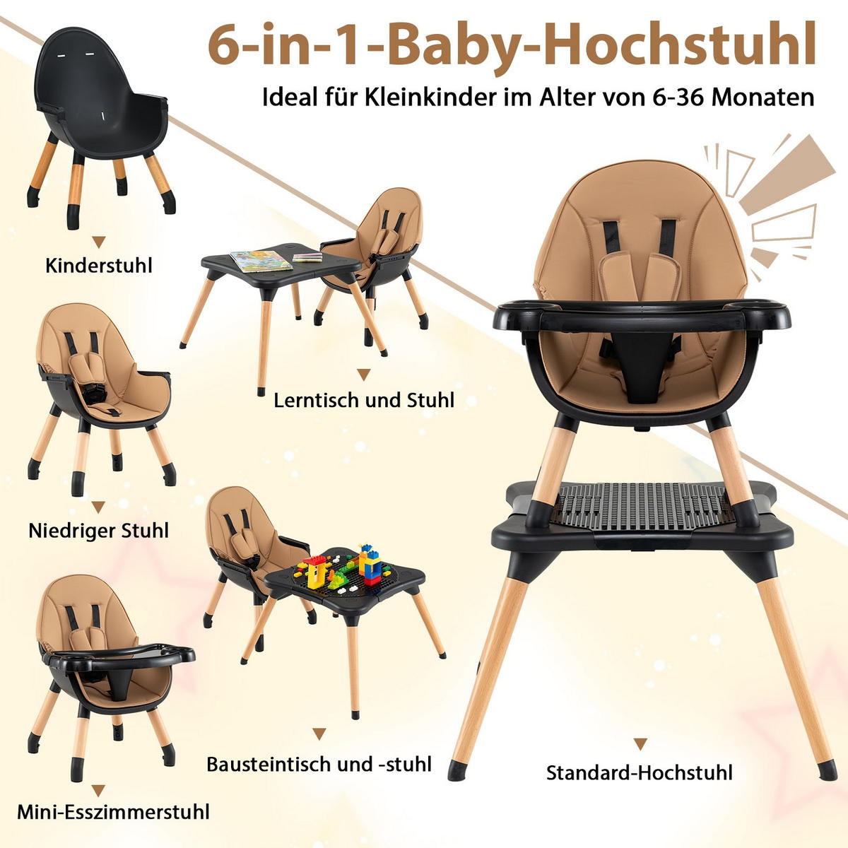 KINDERHOCHSTUHL mit Bausteintisch braun - Braun, Kunststoff (62/100/62cm) - COSTWAY