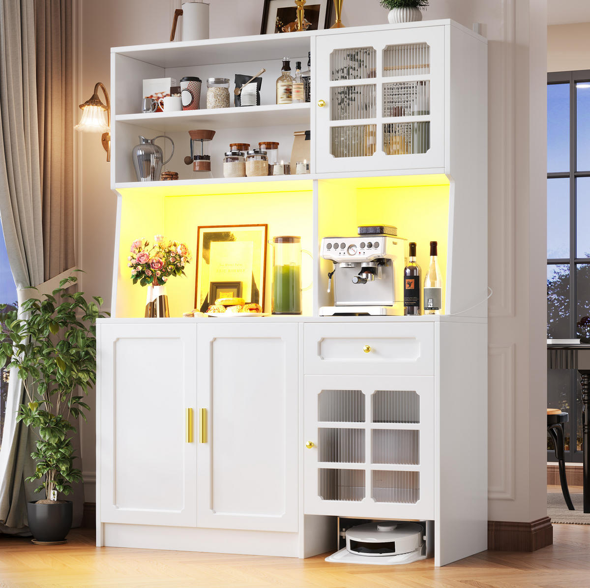 KUHINJSKI ormar 130/45/180 cm bijeli od MDF-a s LED rasvjetom i staklenim vratima - bijela, drvni materijal (130/180/45cm) - OKWISH
