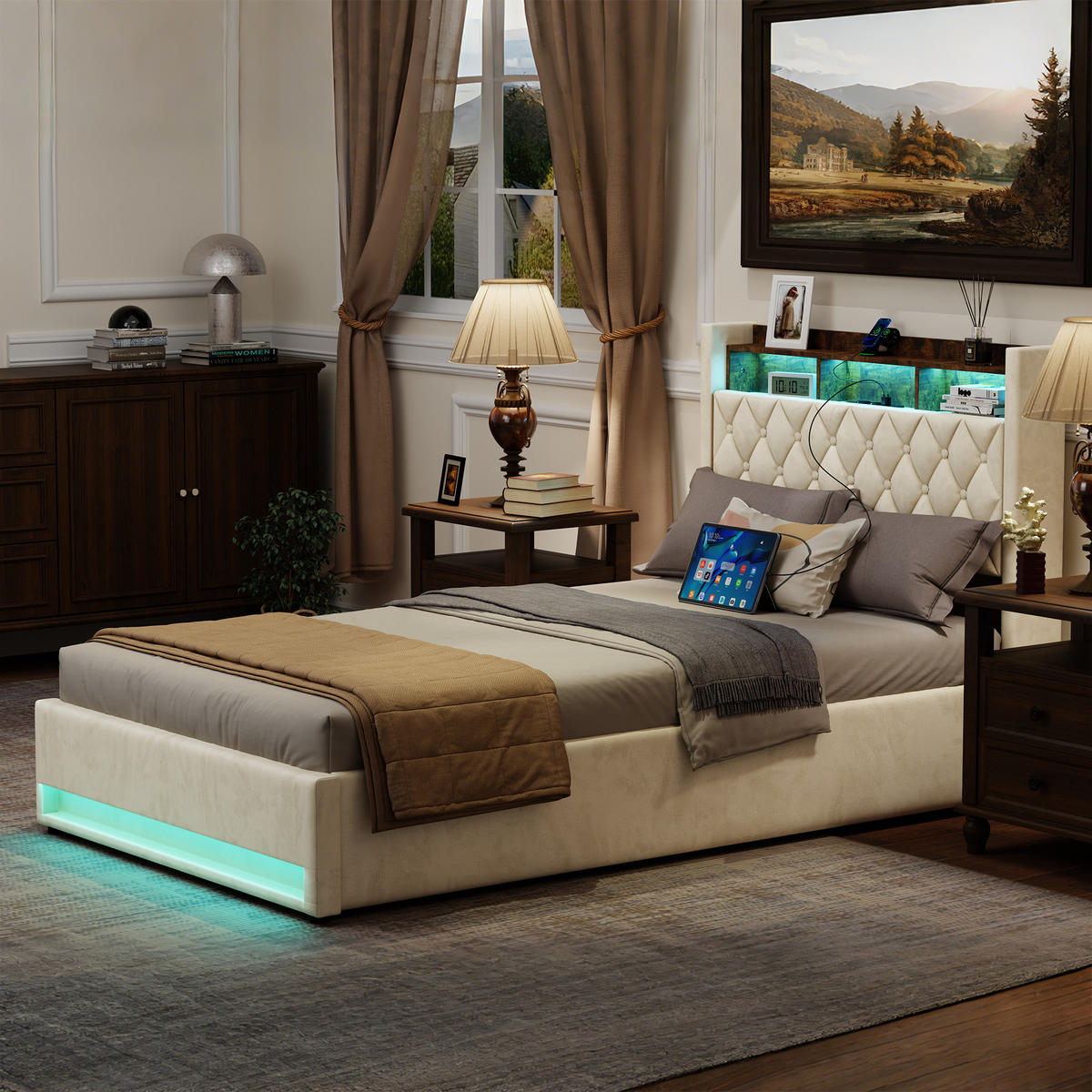 POLSTERBETT 140/190 cm Beige mit Stauraum-Kopfteil und LED-Lichtleiste - Beige, Textil (140/190cm) - OKWISH