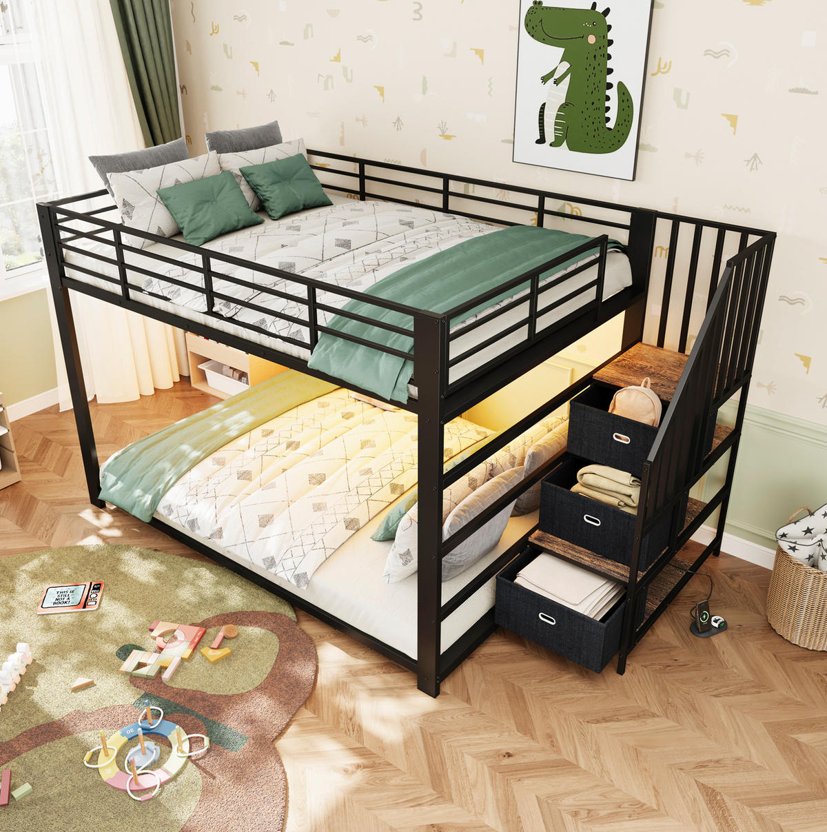 ETAGENBETT aus MDF und Metall 140x200 cm Schwarz mit Stauraumtreppe, LED-Lichtband und USB-Anschlüssen - Schwarz, Holzwerkstoff (140/200cm) - Modfu
