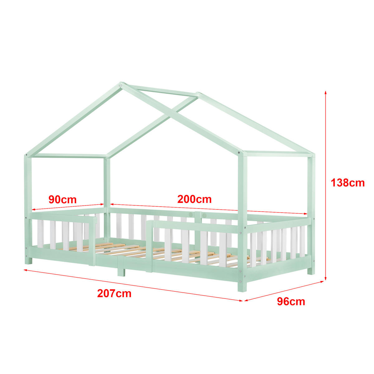 HAUSBETT Treviolo mit Matratze - Weiß/Mintgrün, Holz/Textil (90/200cm) - [en.casa]