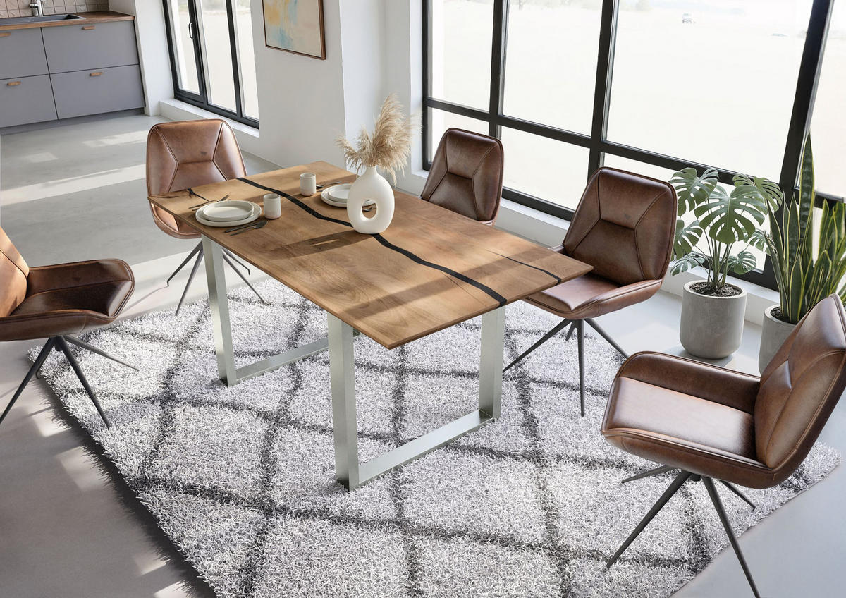 ESSTISCH Mango 180x90x76 natur lackiert / Epoxid schwarz, U-Beine silber matt EPOXY - Naturfarben, Holz (180/90/76cm) - Massivmoebel24