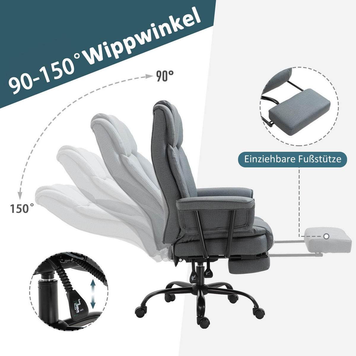 BÜROSTUHL ergonomisch mit Liegefunktion Kunstleder Grau - Grau, Kunststoff (80/126/68cm) - Meubliv