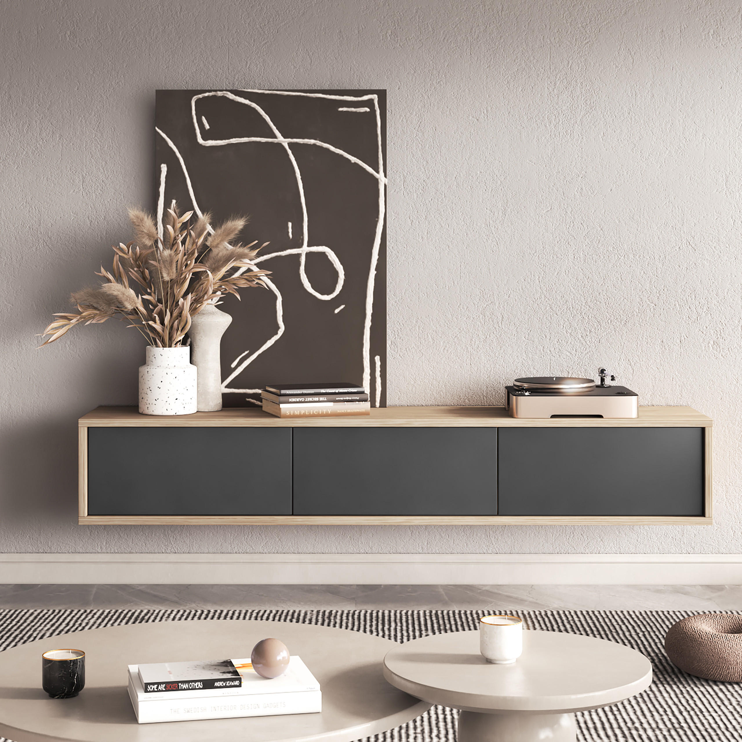 LOWBOARD LIVIA 180x36x32 cm mit 3 Türen Eichefarben - Eichefarben/Anthrazit, Holzwerkstoff (180/32/36cm) - MASSENO