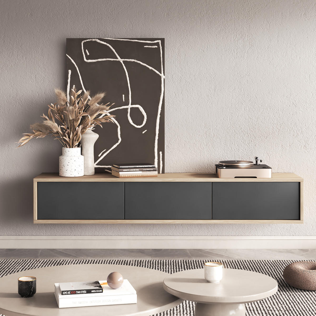 LOWBOARD LIVIA 180x36x32 cm mit 3 Türen Eichefarben - Eichefarben/Anthrazit, Holzwerkstoff (180/32/36cm) - MASSENO