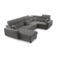 WOHNLANDSCHAFT CASTELLO Grau Plüsch-Stoff mit Schlaffunktion - Grau, Holz (337/97/184cm) - MASSENO