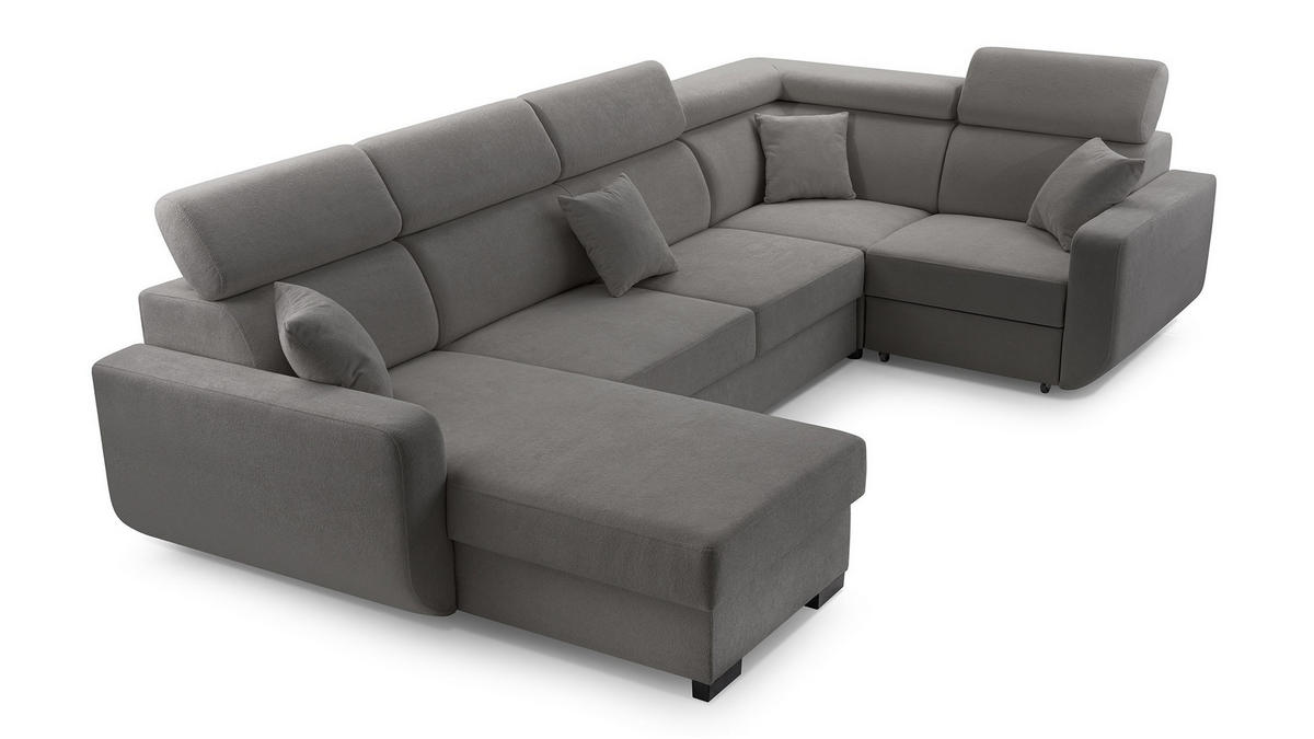 WOHNLANDSCHAFT CASTELLO Grau Plüsch-Stoff mit Schlaffunktion - Grau, Holz (337/97/184cm) - MASSENO