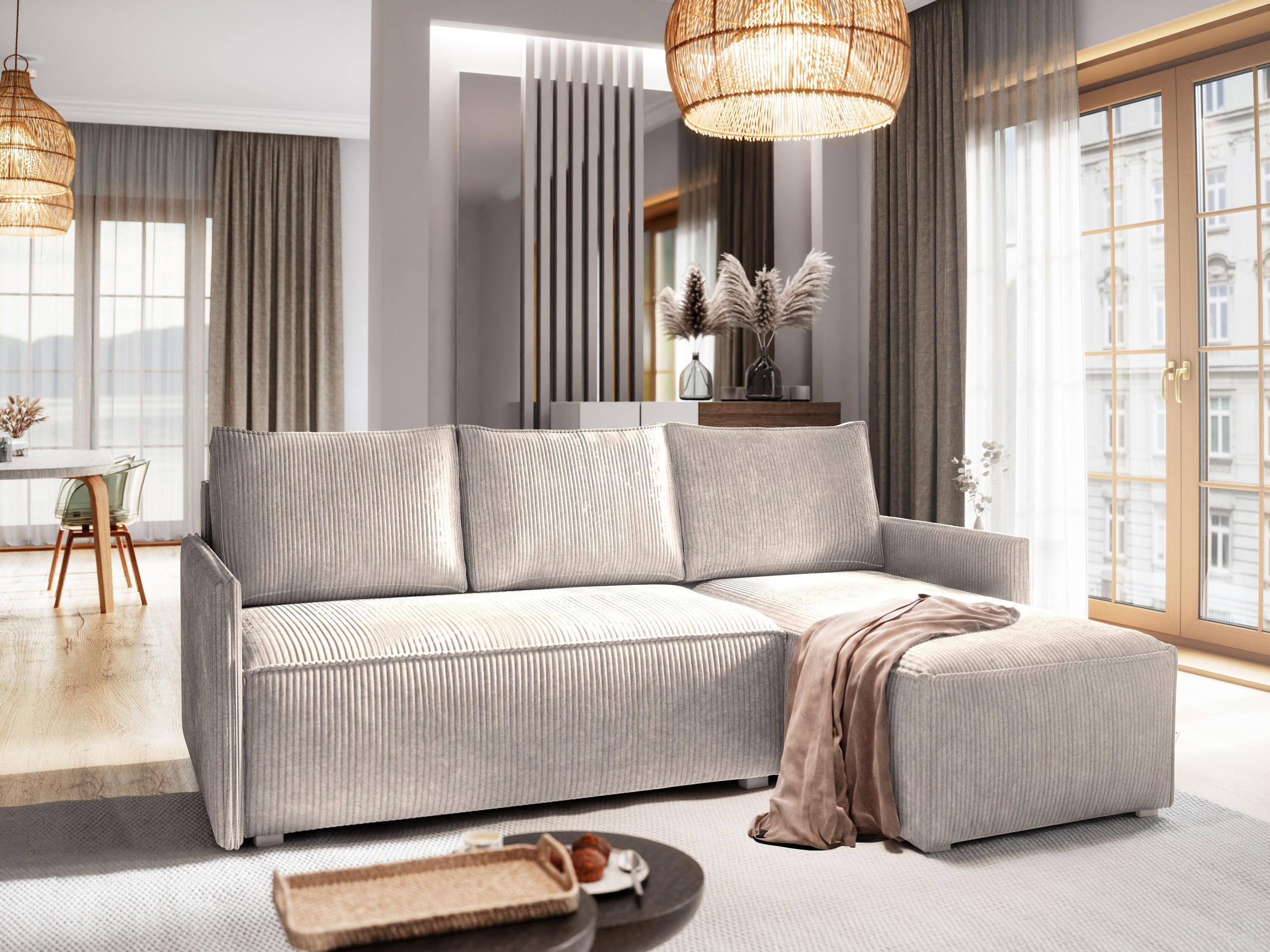 ECKSOFA PERUSI Creme Kordstoff mit Schlaffunktion - Creme, Holz (206/143cm) - MASSENO