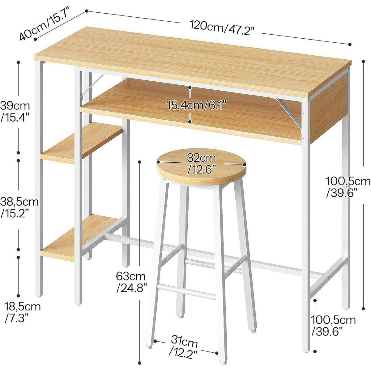 BARTISCH-SET mit 2 Hockern und 3 Ablagen Weiß/Natur - Multicolor, Holzwerkstoff (40/100.5/120cm)