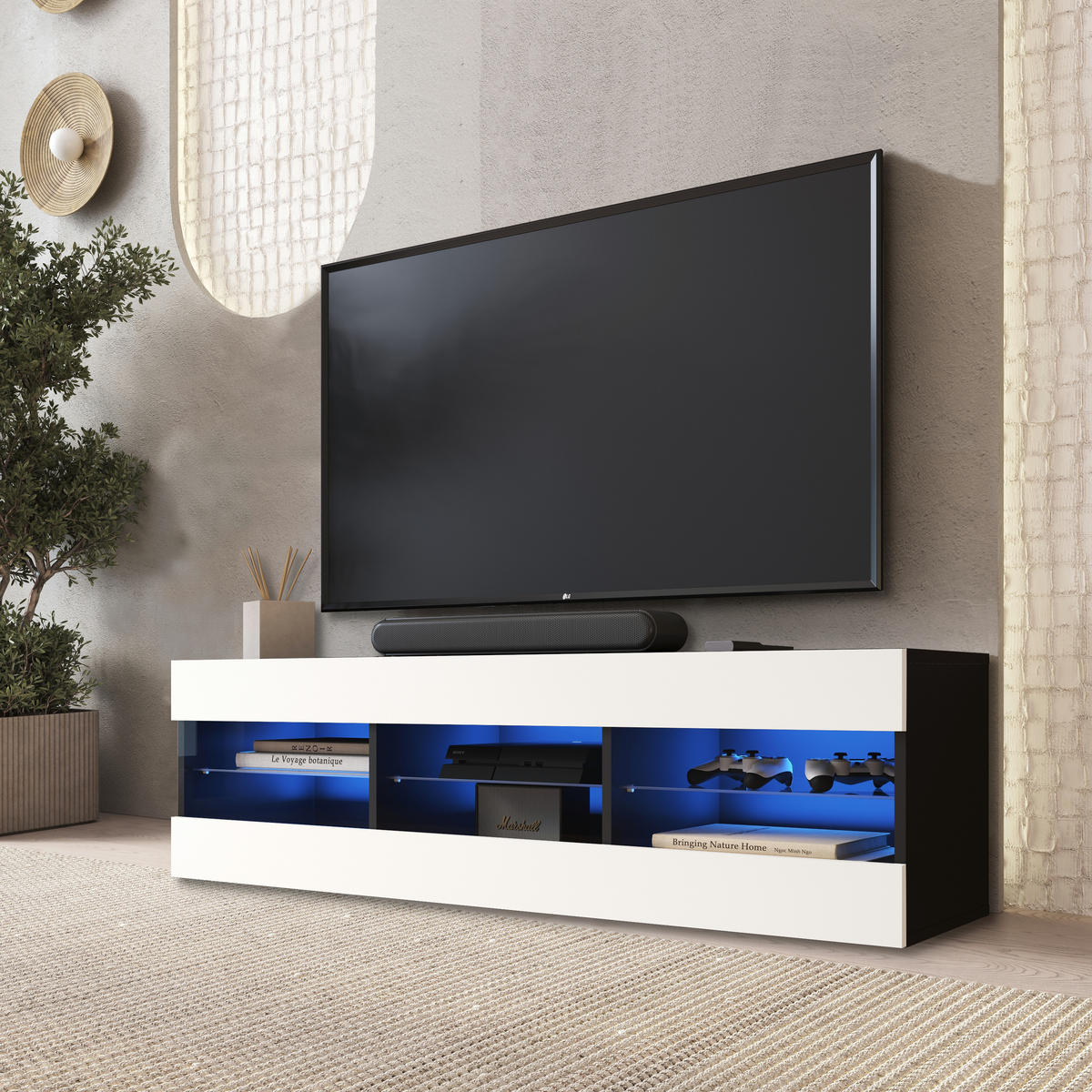 LOWBOARD TIVOLI RTV 140, Weiss, LED Blau - Schwarz/Weiß, Glas/Holzwerkstoff (140/40.5/35.5cm) - Komodee