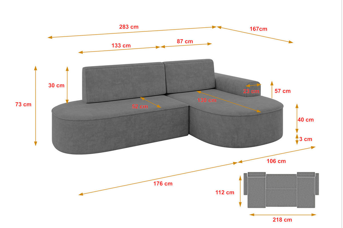 ECKSOFA mit Schlaffunktion und Bettkasten Ottomane Rechts MARI-L1-S - 283x167x73 cm Grau Velours - Anthrazit/Schwarz, Holzwerkstoff/Kunststoff (167/283cm) - ALTDECOR