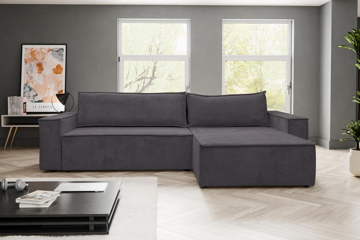 ECKSOFA HUGO XL Schlaffunktion und Bettkasten Cord-Stoff (Dunkelgrau) - Dunkelgrau, Textil (274/142cm) - VENASI MÖBEL