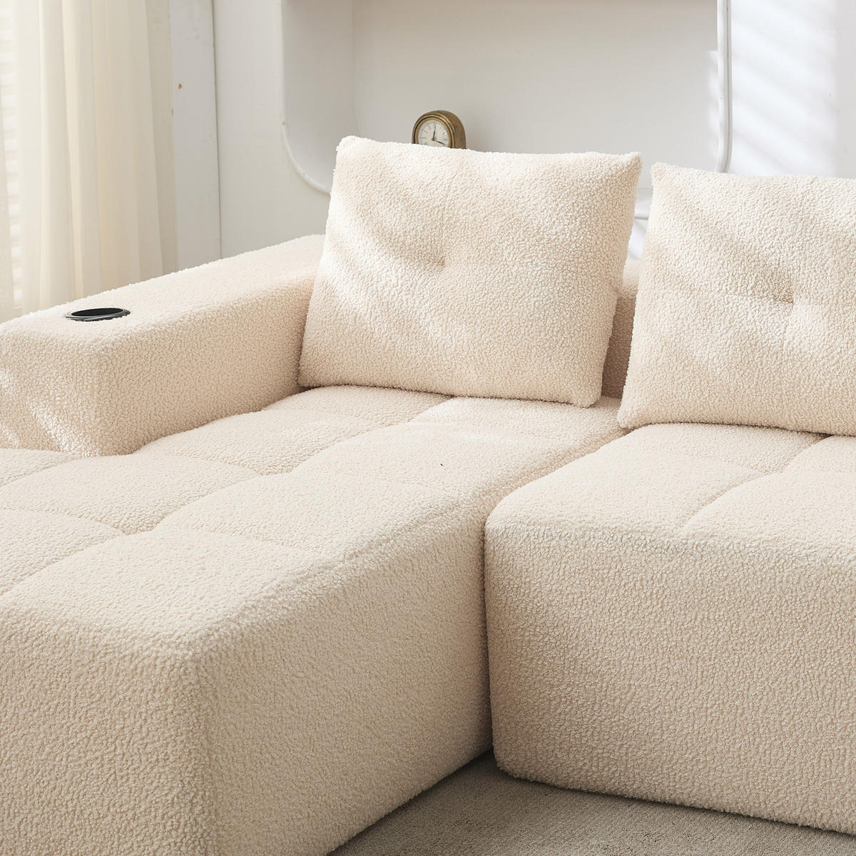 ECKSOFA 5-Sitzer Polyester Beige mit Becherhaltern - Beige, Textil (258/163cm) - WISHDOR