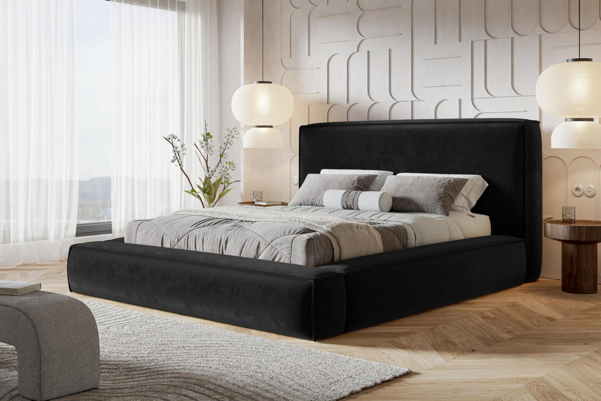 BETT 180x200 - Polsterbett mit Bettkasten und Holzrahmen - Modern Bett - Eleganter Amor-Velvet-Stoff - Kollektion Luna Maxi - Schwarz - Schwarz, Holz/Textil (180/200cm) - Alpi-Möbel