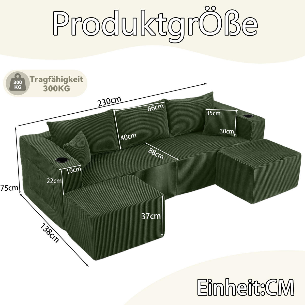 WOHNLANDSCHAFT DE-34629 modular mit 2 Ottomanen Grün - Grün, Textil (138/75/230cm) - ComfortXL