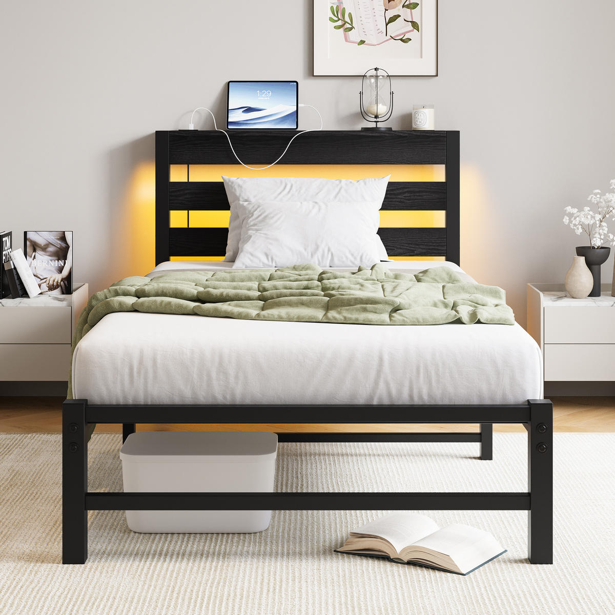 METALLBETT 90x200 cm LED USB Stauraum - Schwarz, Metall (90/200cm) - Fortuna Lai
