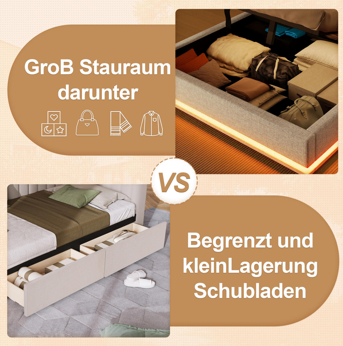 POLSTERBETT mit LED-Beleuchtung 140/200 cm in Beige mit Bettkasten & USB - Beige, Textil (140/200cm) - BEAOK