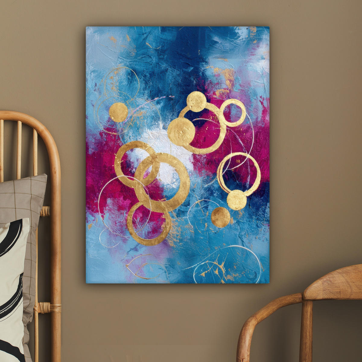 LEINWANDBILD Kreise - Gold - Abstrakt Wandbild Wohnzimmer 60x80 cm - Blau, Textil (60/80cm) - MuchoWow