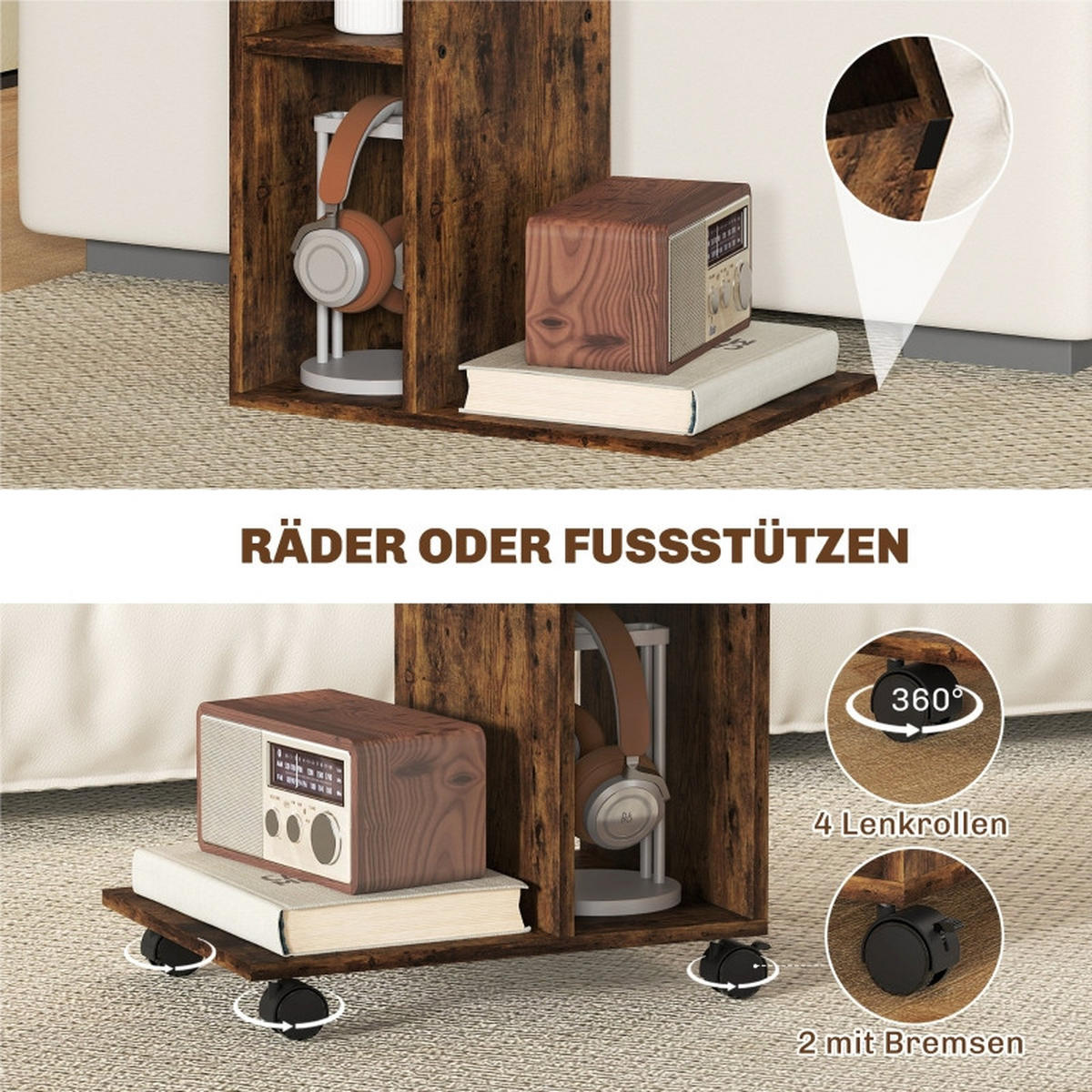 BEISTELLTISCH 40/30/69 cm rustikalbraun aus Holz mit Rollen - Braun, Holz (40/30/69cm) - OKWISH