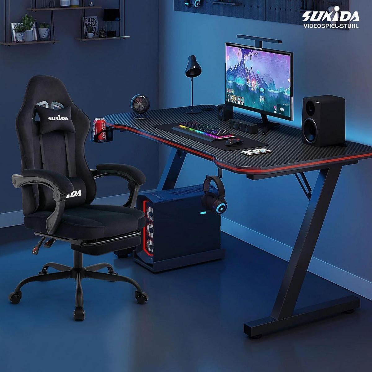 GAMING Stuhl Stoff mit Fußstütze und Lordosenstütze, schwarz - Schwarz, Textil (57/45/52cm)
