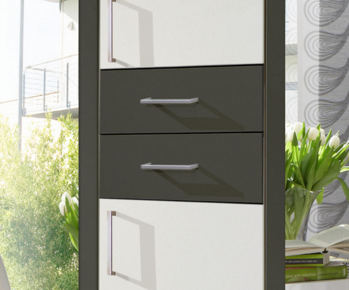 DREHTÜRENSCHRANK Kleiderschrank B225/H208/T58 cm mit Schubkästen & 2 Spiegeltüren, Weiß mit Absetzungen in Grafit / 22590 - Silberfarben/Graphitfarben, Holzwerkstoff/Kunststoff (225/208/58cm) - luma-home