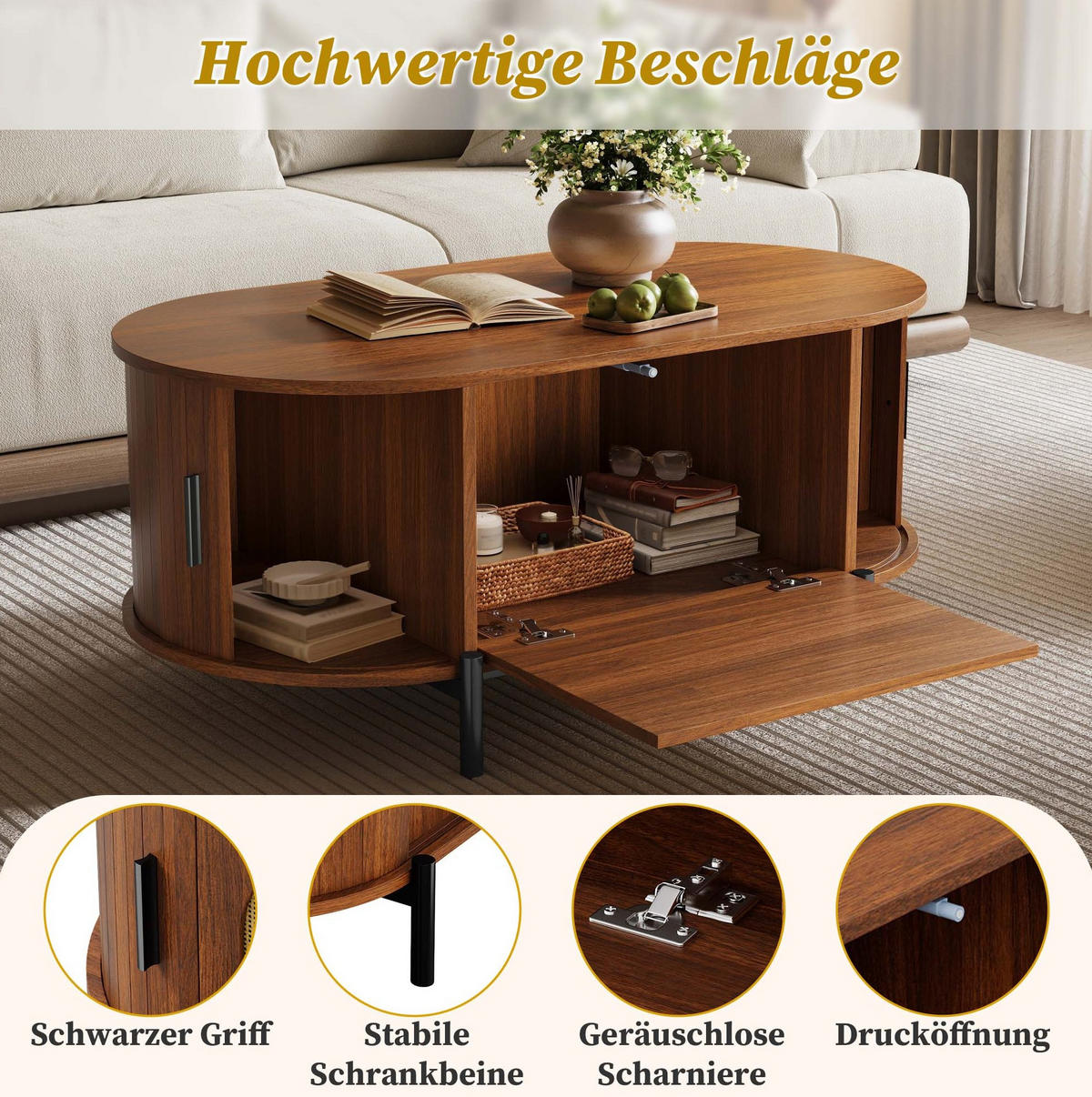 COUCHTISCH 100/50/40 cm nussbaum aus MDF mit Rattan-Schiebetüren und Stauraum - Walnussfarben, Holzwerkstoff (50/100/40cm) - OKWISH