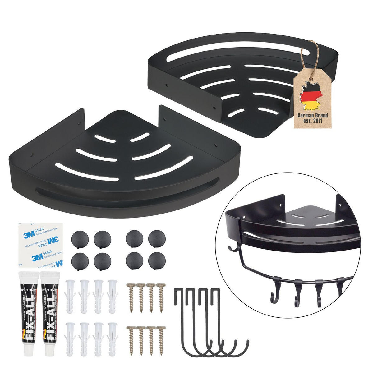 DUSCHABLAGE mit 2 Haken (2tlg-Set) - Schwarz, Metall (22.5/4.5/30.5cm) - Intirilife