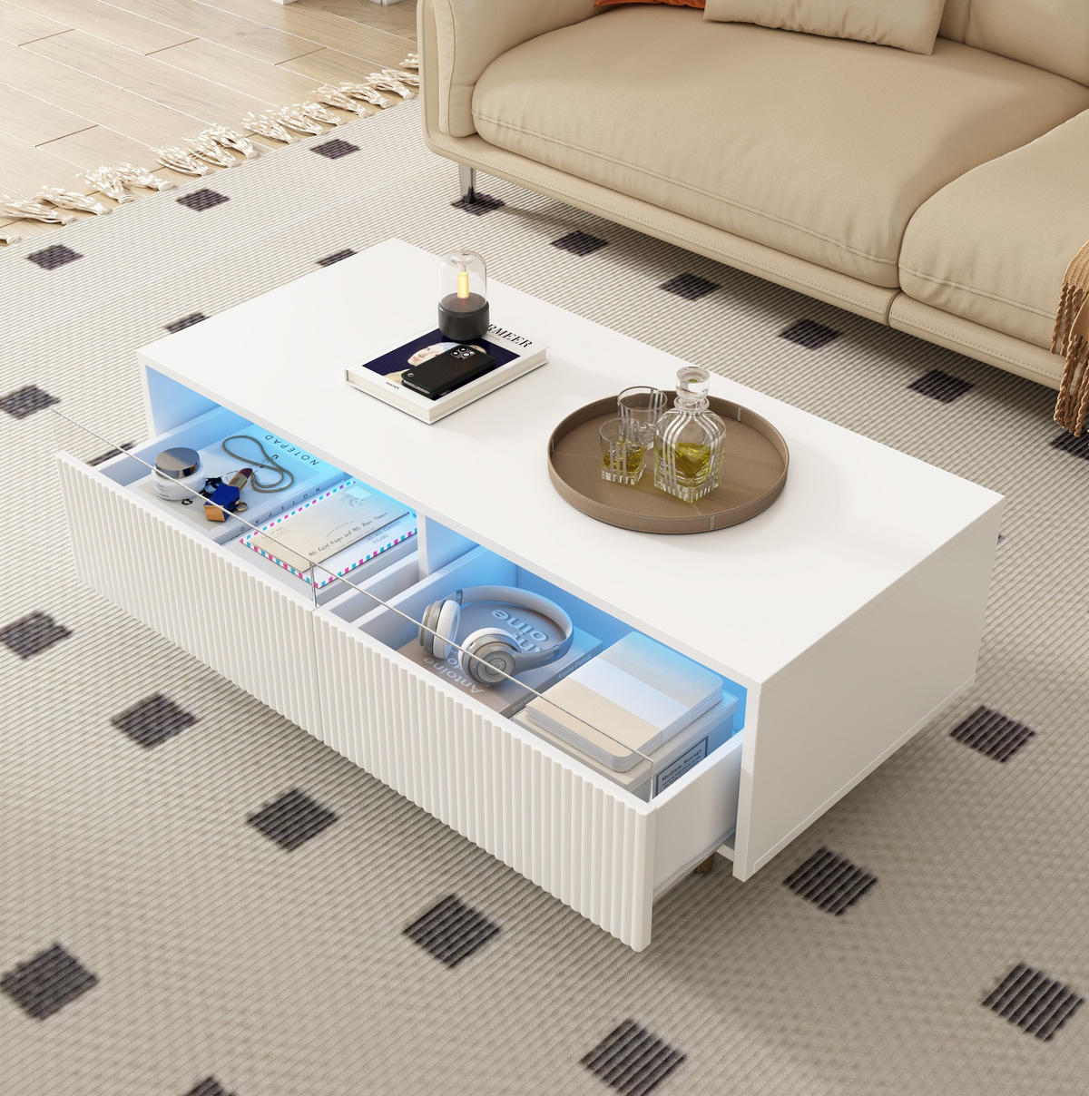 COUCHTISCH 110/50/40 cm weiß aus MDF mit LED-Beleuchtung und Schubladen - Weiß, Holzwerkstoff (100/50/40cm) - OKMYHOME