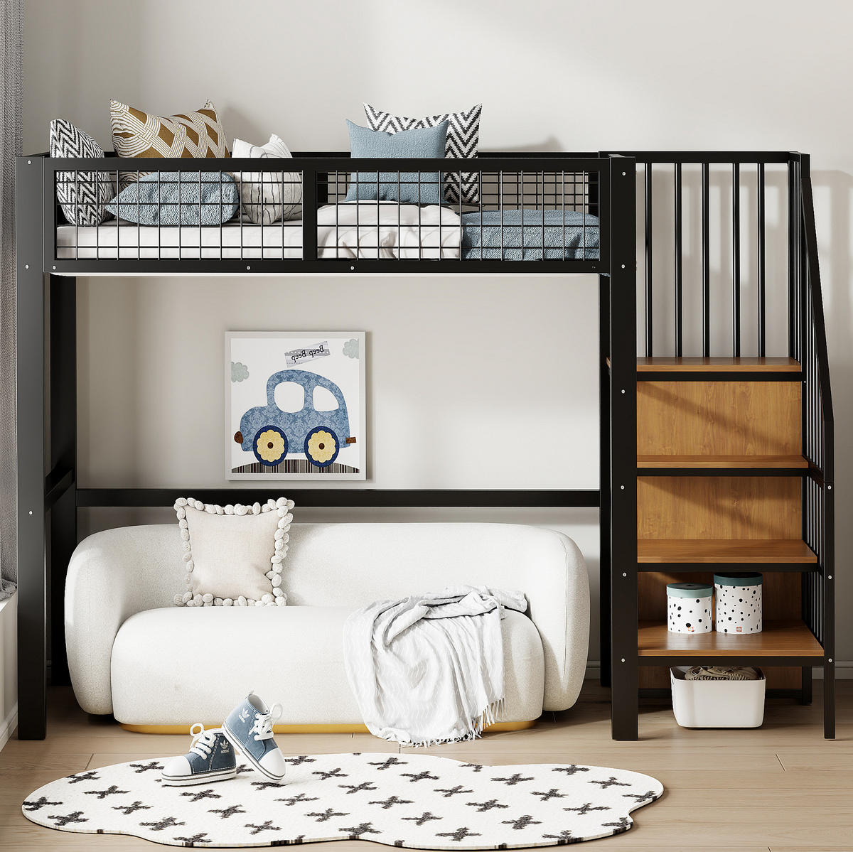 HOCHBETT 90/200 cm aus Metall mit Leiter und Kleiderschrank Schwarz - Schwarz, Metall (90/200cm) - Modenvie