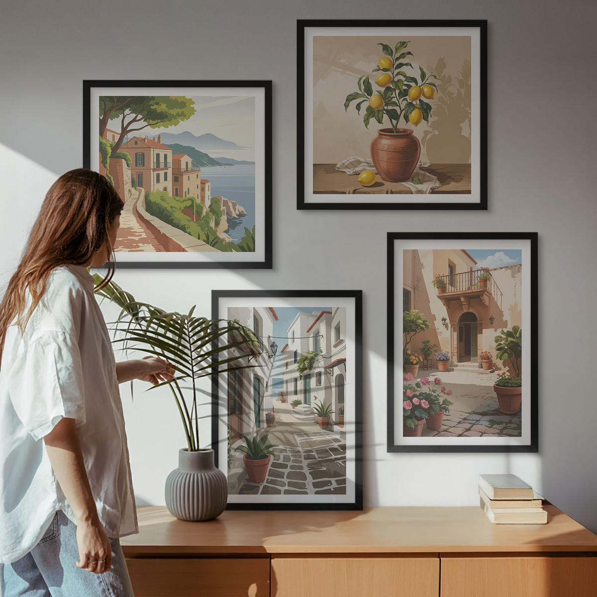 BILDER SET 4er Set - 50x50 cm & 40x60 cm Schwarzer Rahmen - Straßen, Häuser, Pflanzen, Töpfe - Schwarz, Kunststoff (50/50cm) - TULUP