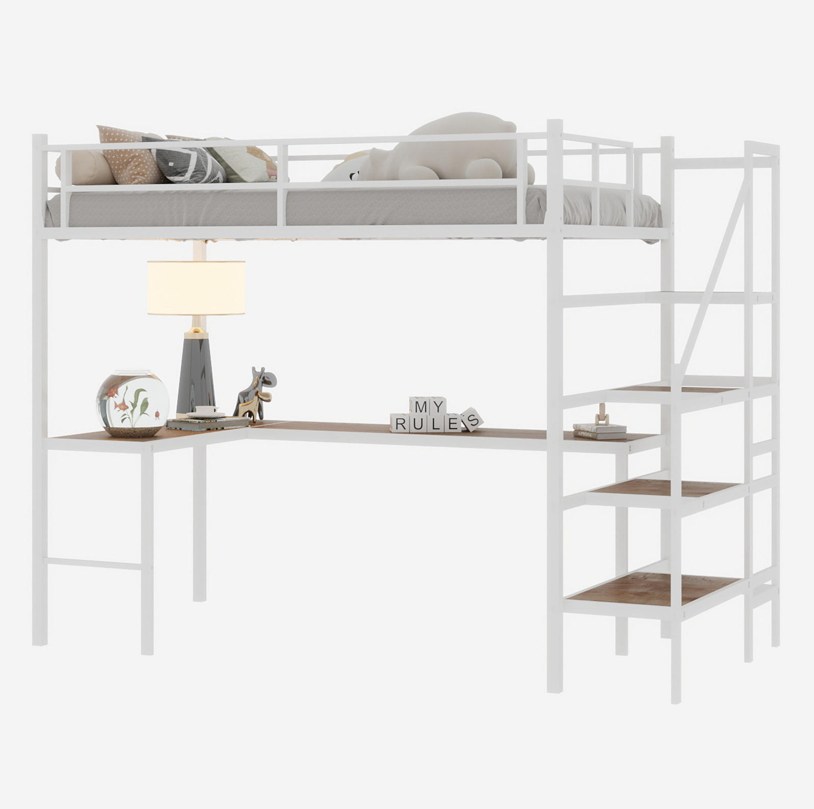 HOCHBETT 90/200 cm mit L-förmigem Schreibtisch, Treppe, Stauraum und umlaufendem Geländer, Weiß - Weiß, Metall (90/200cm) - Redom