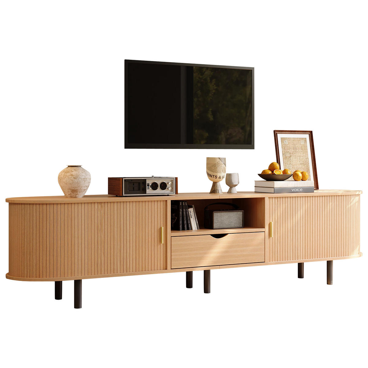 TV-SCHRANK mit abgerundeten Kanten und Rollo-Tür aus MDF 175 × 40 × 55 cm - Naturfarben, Holzwerkstoff (175/55/40cm) - Luhomfu