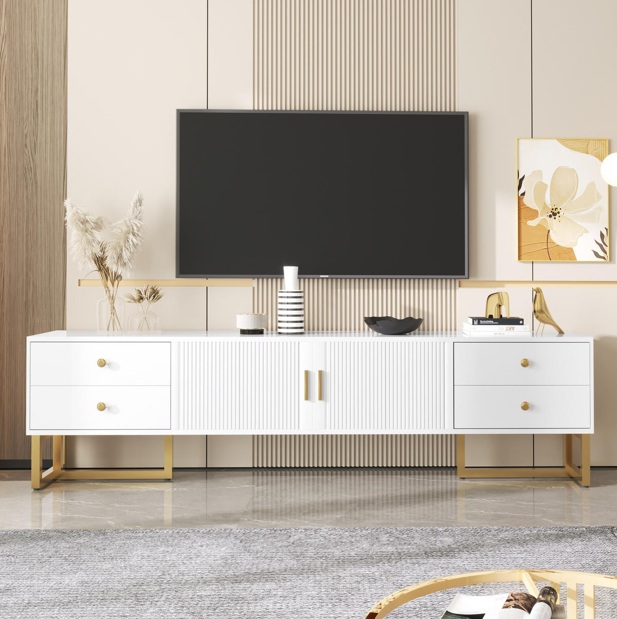 TV-LOWBOARD aus MDF 175x30x46 cm Weiß mit 4 Schubladen, 2 Türen und goldfarbenen Metallfüßen - Weiß, Holzwerkstoff (175/46/30cm) - Modfu