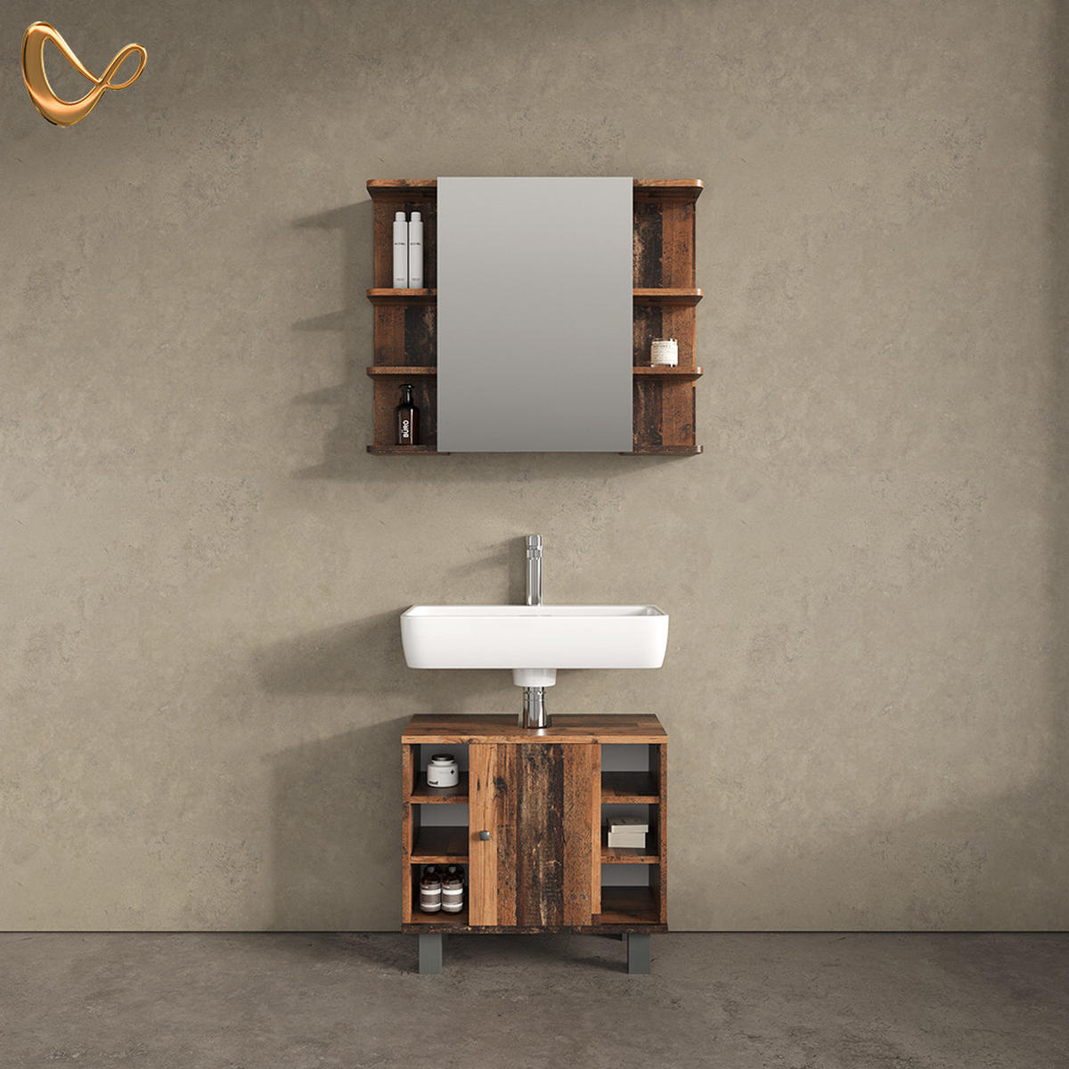 BADMÖBEL-SET Fucino Eiche rustikal 2 Teile - Wildeiche, Holzwerkstoff (80/64/32cm) - Livinity®
