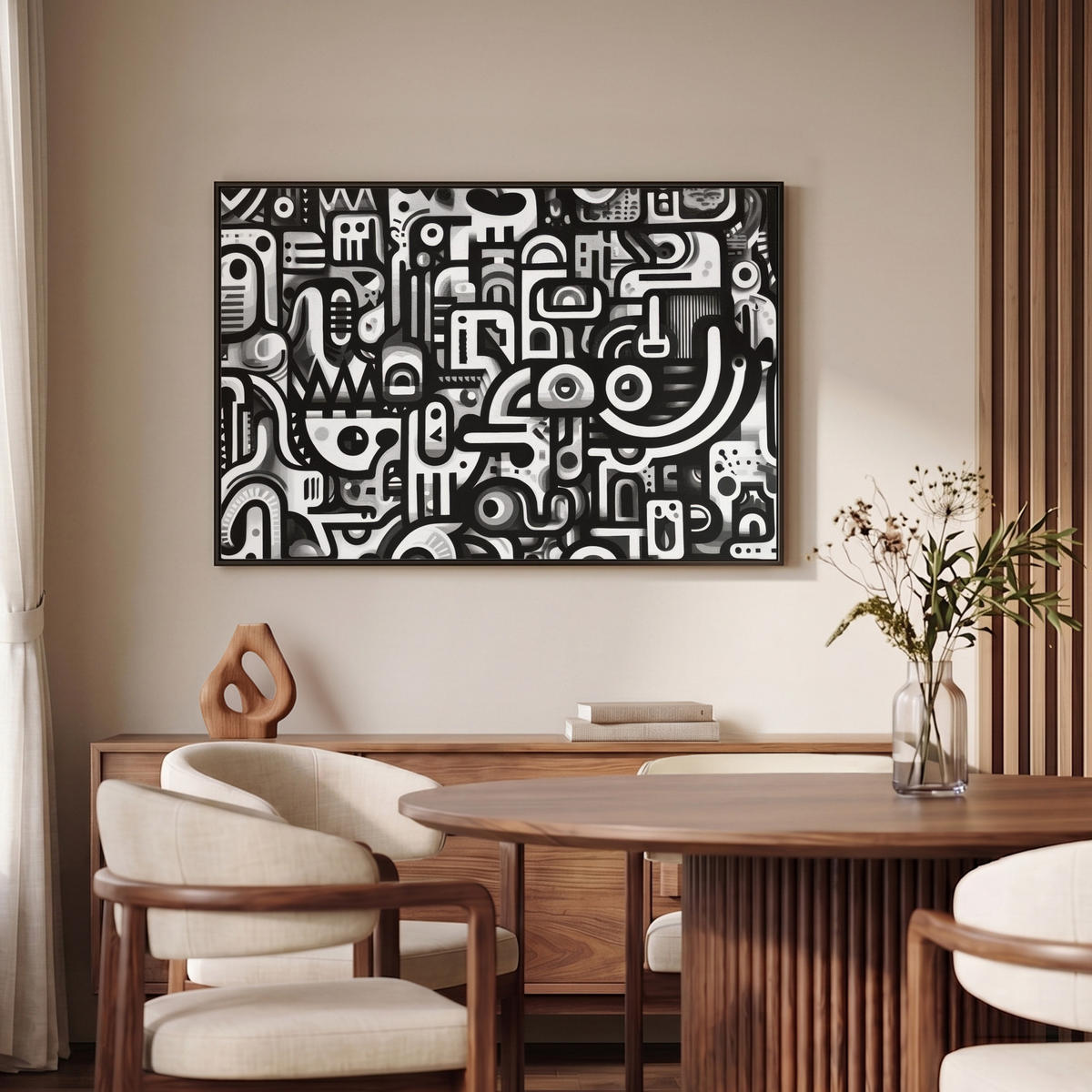 LEINWAND Bilder mit Rahmen - Symbole - Abstrakt - Grafik - Schwarz - 90x60 - Schwarz, Textil (90/60cm) - MuchoWow