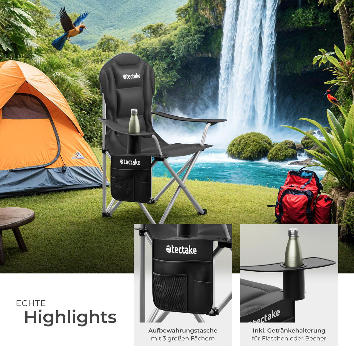 CAMPINGSTUHL gepolstert Mtx,88,5 x 55 x 103 cm, Belastbarkeit 120 kg,schwarz - Schwarz, Textil (88.5/103/55cm) - tectake