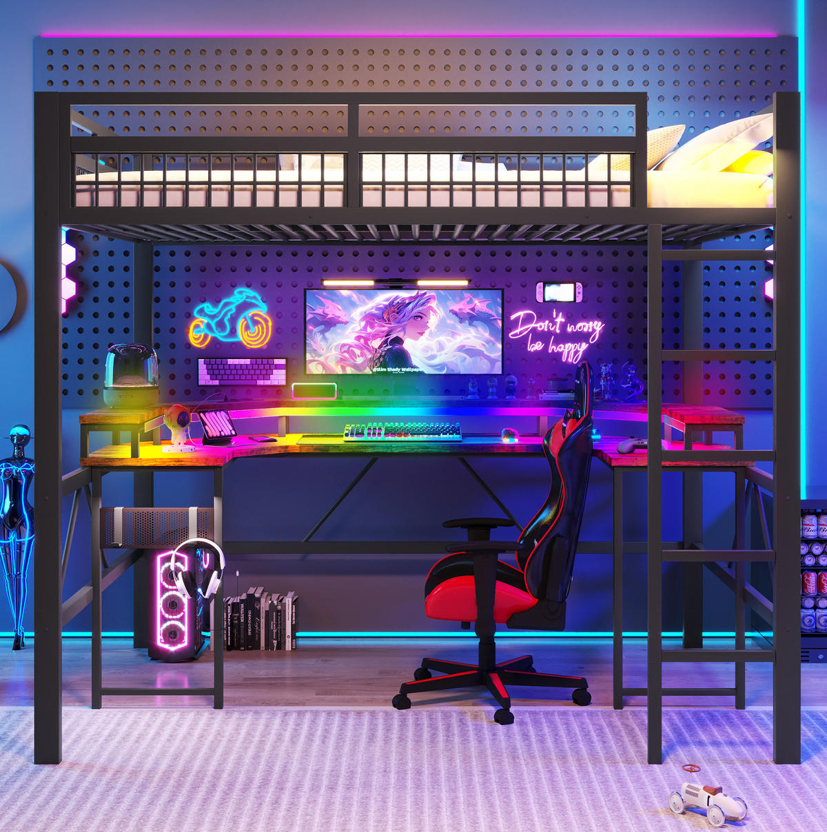 HOCHBETT 140/200 cm mit LED-Lichtleiste, Schreibtisch, USB-C und Lochwand, Schwarz - Schwarz, Metall (140/200cm) - Redom