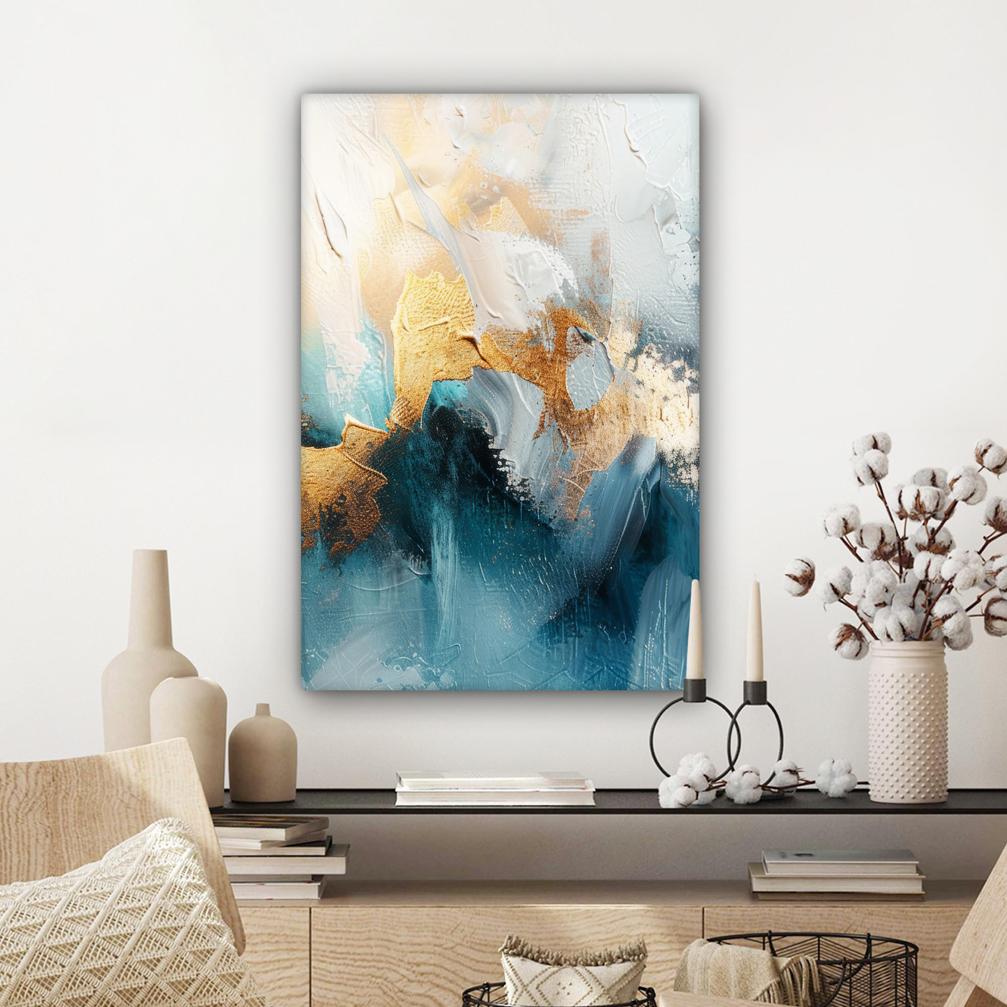 LEINWANDBILD Abstrakt - Kunst - Gold - Blau 60x90 cm - Petrol, Textil (60/90cm) - MuchoWow