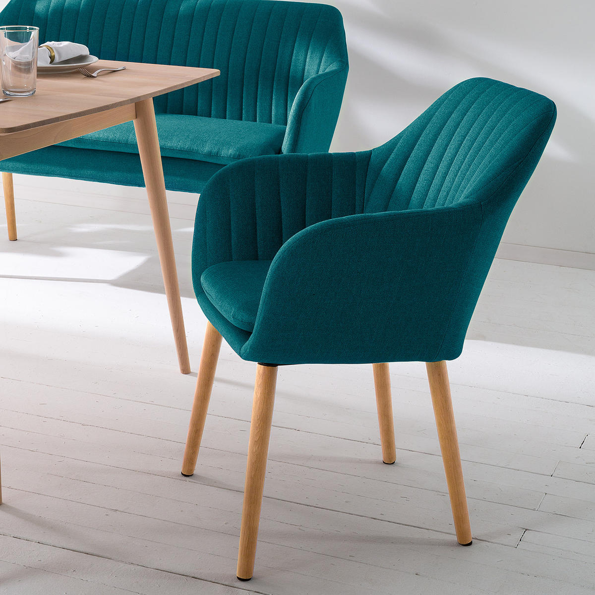 ARMLEHNENSTUHL - Textil / Massivholz - Eichefarben/Petrol, Eichenholz/Holz (57/83/61cm) - home24