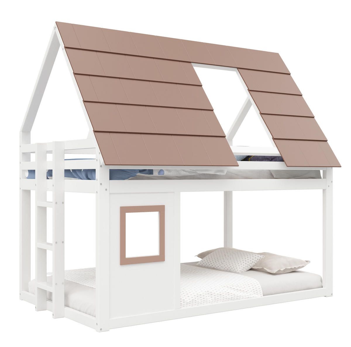 ETAGENBETT 140/200 cm weiß/braun aus Holz mit Dach und Leiter - Weiß, Holzwerkstoff (140/200cm) - OKWISH