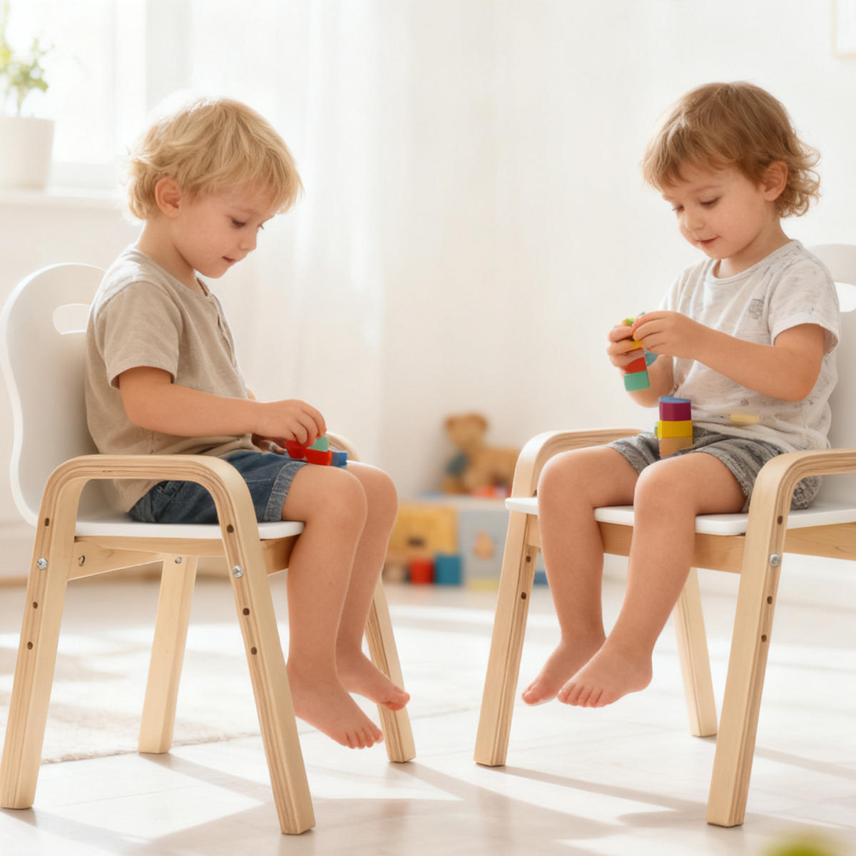 KINDERSTUHL aus Holz Höhenverstellbar mit Armlehne 2er Set - Birkefarben/Weiß, Holz/Birkenholz (34/61.5/39cm) - AIYAPLAY