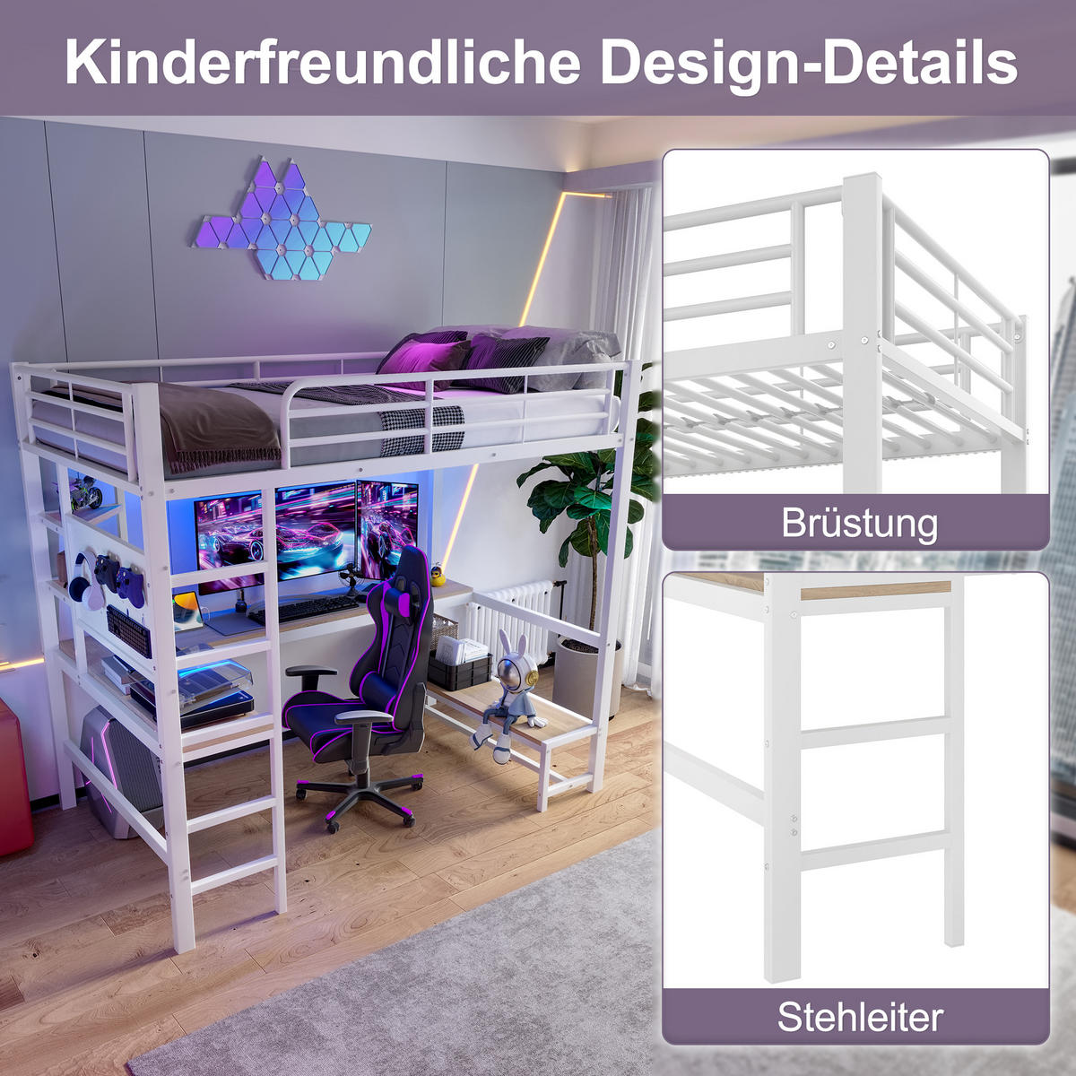 HOCHBETT 90x200cm Weiß Metall Schreibtisch LED-Licht USB-C - Weiß, Metall (90/200cm) - FLIEKS