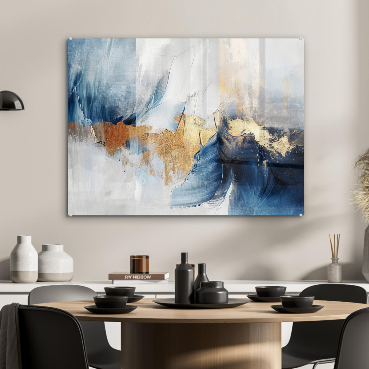 ACRYLGLASBILD Gold - Blau - Aquarell - Kunst - Modern 80x60 cm - Hellblau, Glas (80/60cm) - MuchoWow