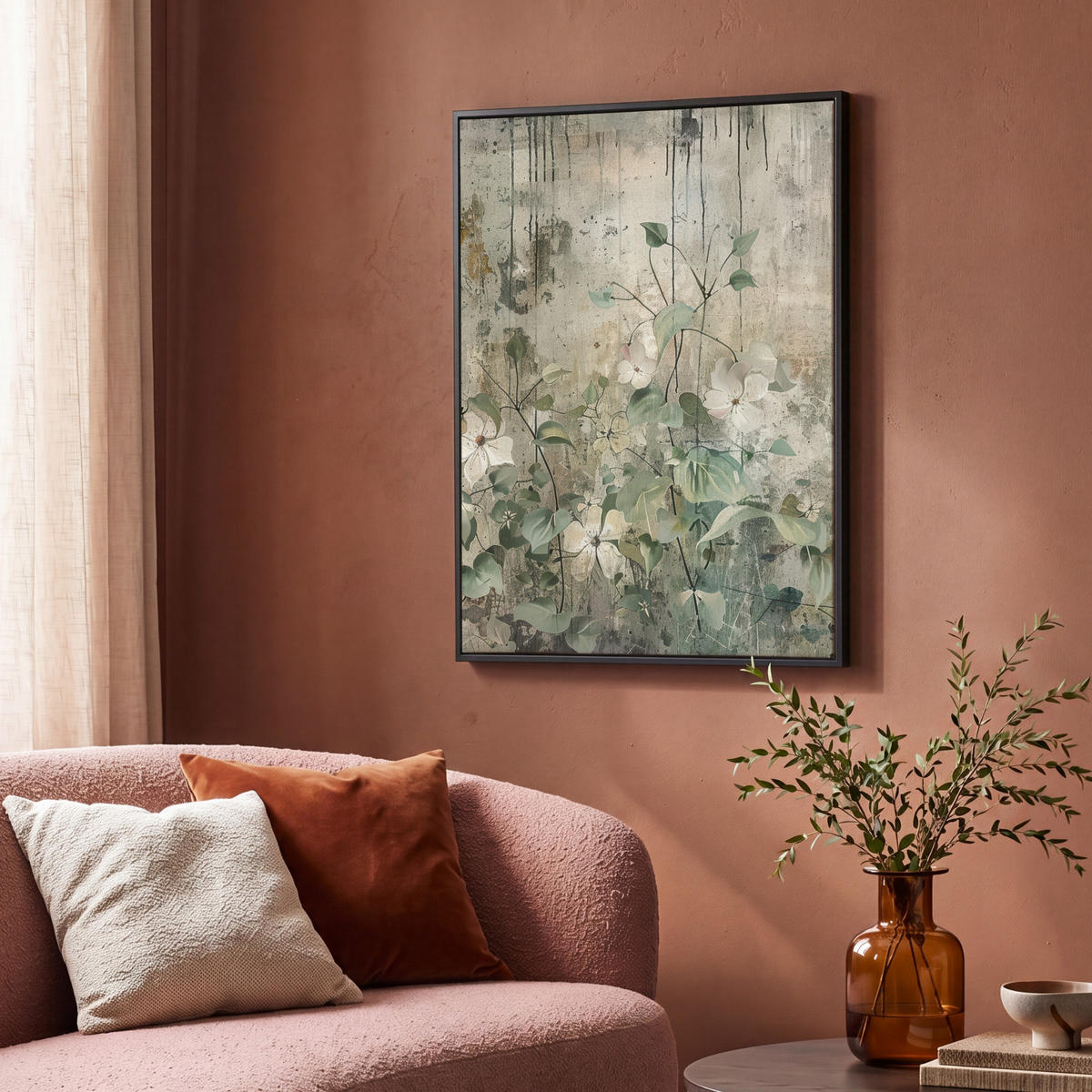LEINWAND Bilder mit Rahmen - Blumen - Blätter - Abstrakt - Modern - 70x100 - Grau, Textil (70/100cm) - MuchoWow