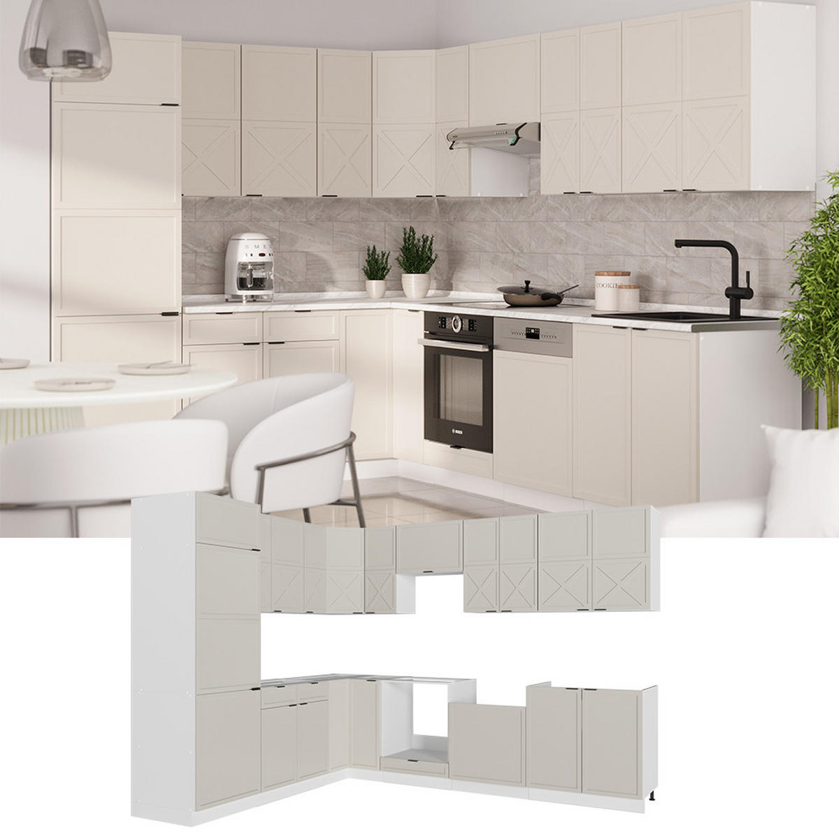 ECKKÜCHE Fame-Line GrauBeige/Weiß 227 x 60 cm ohne AP - Weiß/Grau, Holzwerkstoff (287/81.6/46cm) - Vicco